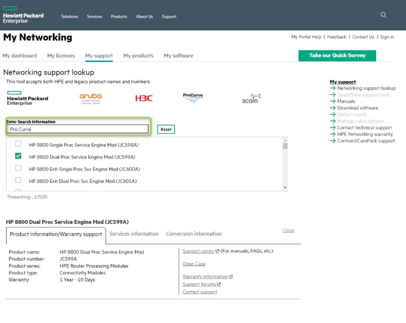 HPE Networking support lookup tool
